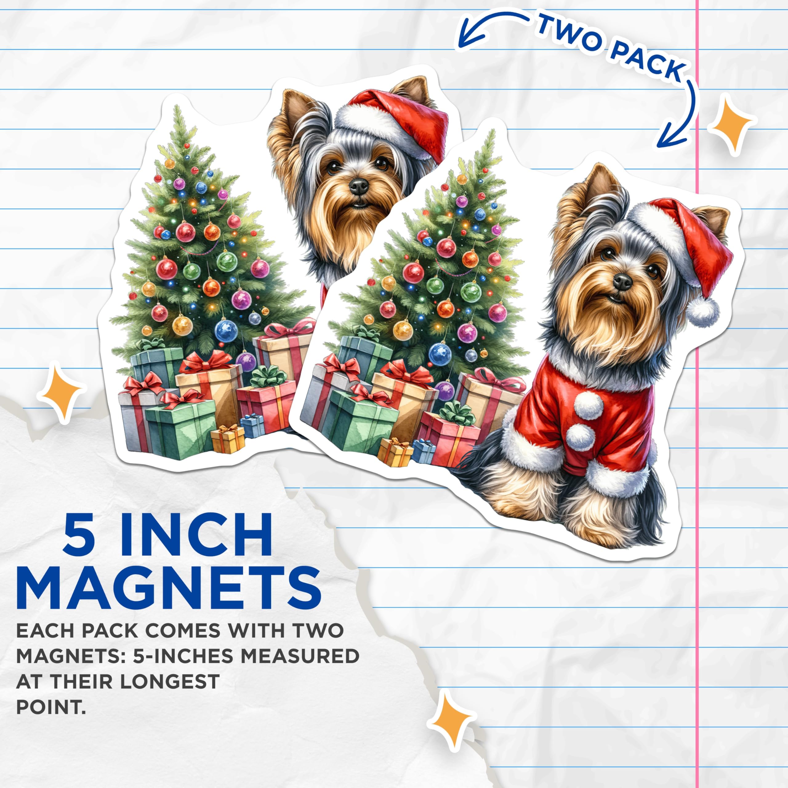 (2 Pack) Christmas Yorkie Magnets - Santa Dog Lover Decor - Holiday Pet Festive Fridge Item - 5 Inches On Longest Side - Thick Durable Magnet - Made in USA - MAG27590