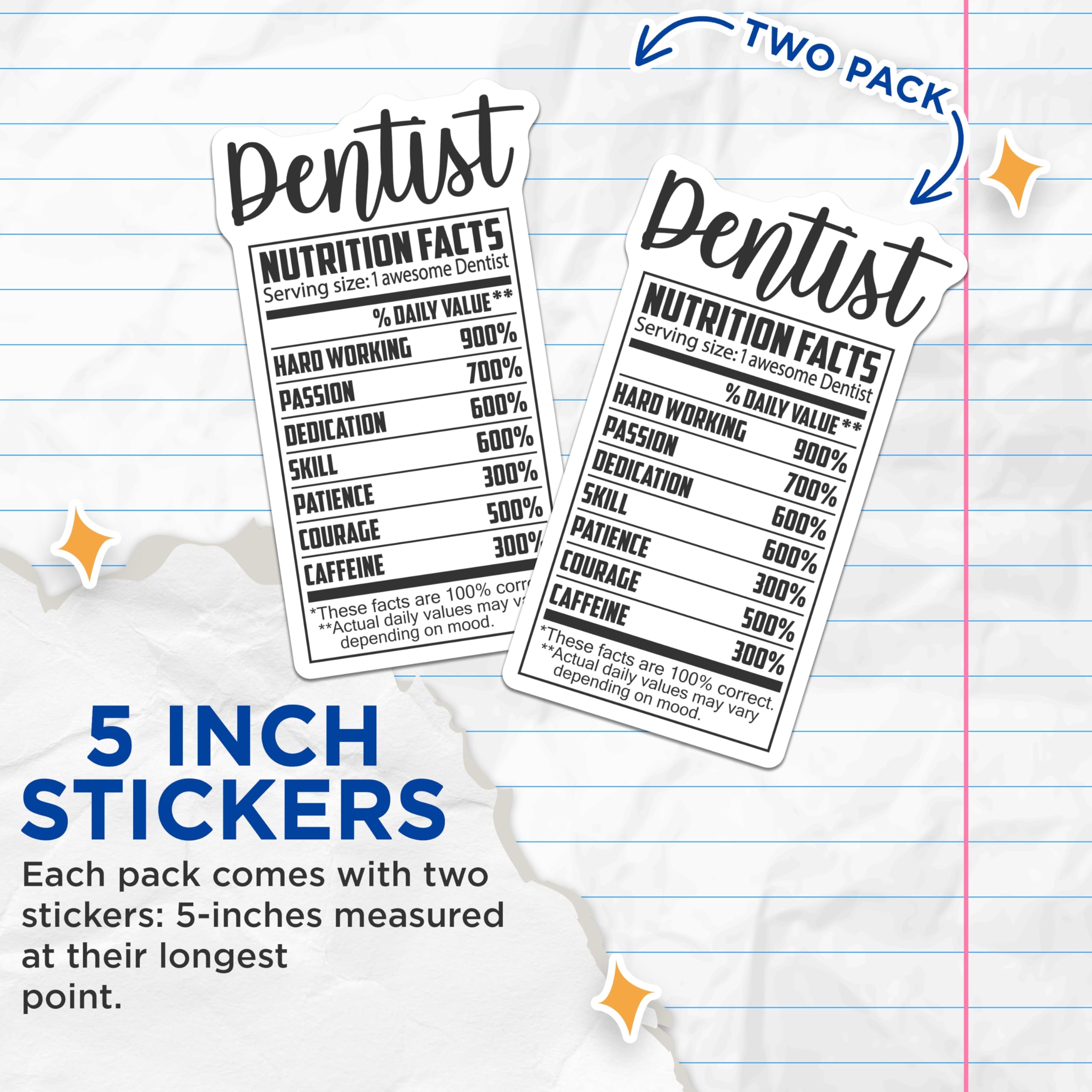 (2 Pack) Dentist Stickers - Nutrition Facts - Gift for Dentist - 5" On Longest Side - Sticks to Smooth Flat Surfaces - Made in USA - BMCS15992