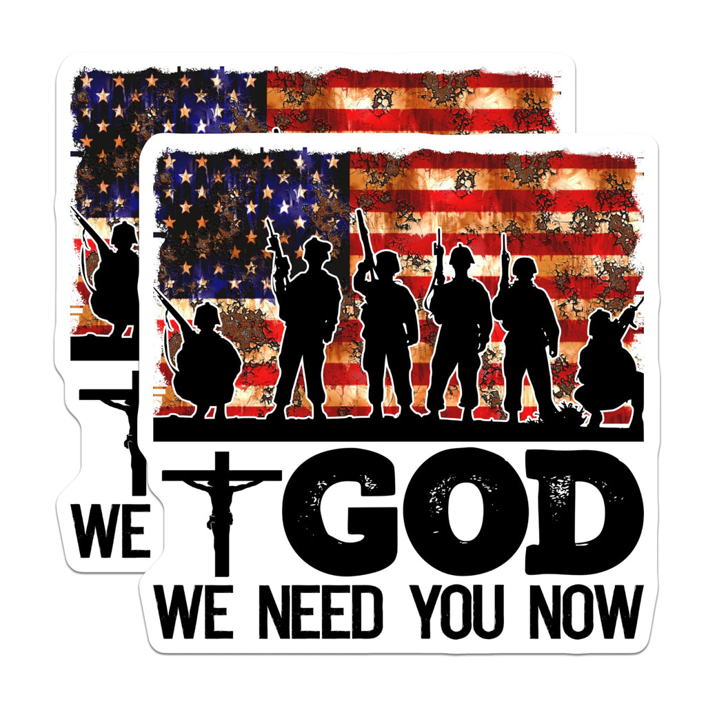 (2 Pack) Patriotic Military Soldier Stickers - God We Need You Now - American Flag Decal for Car Laptop - 5" On Longest Side - Sticks to Smooth Flat Surfaces - Made in USA - BMCS5613