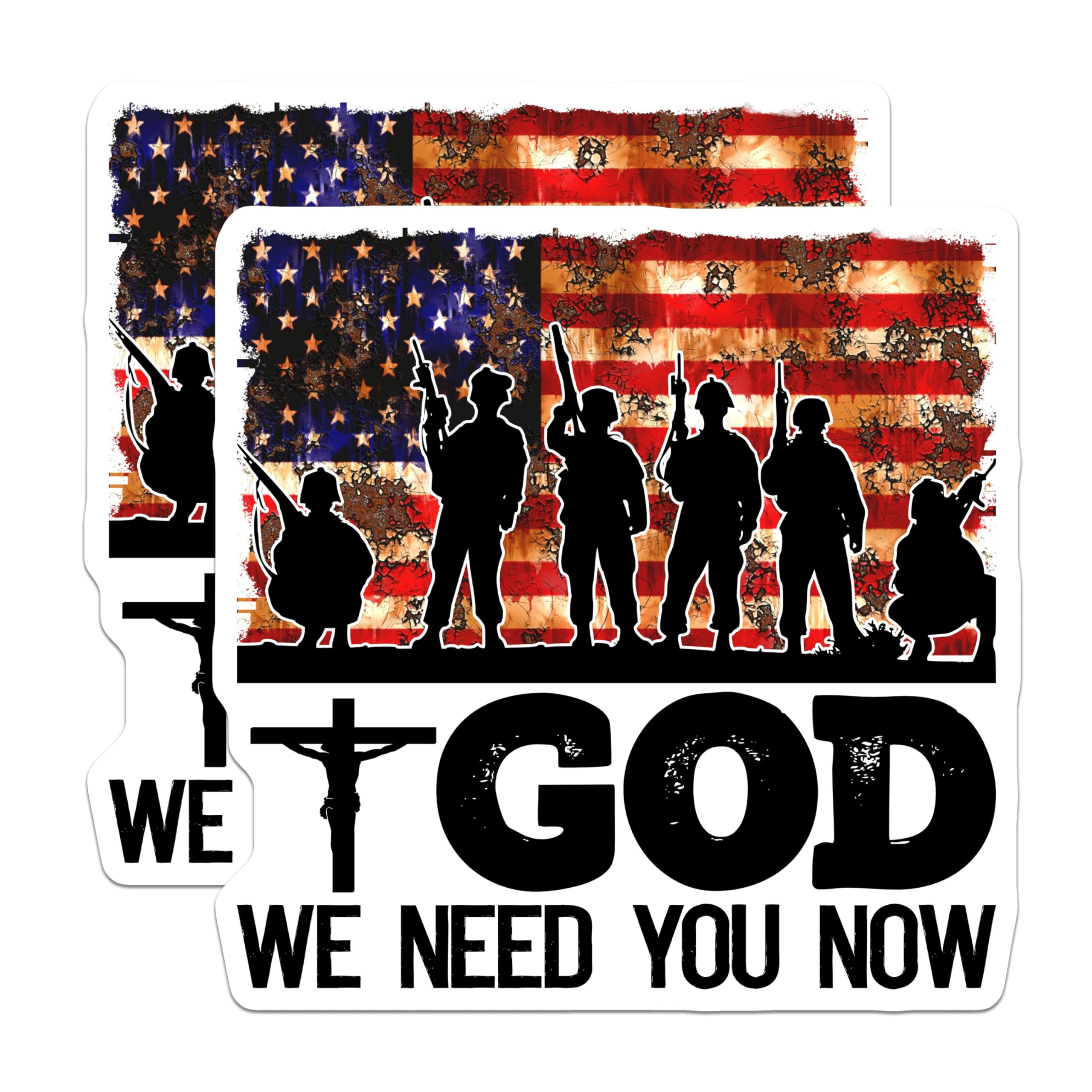 (2 Pack) Patriotic Military Soldier Stickers - God We Need You Now - American Flag Decal for Car Laptop - 5" On Longest Side - Sticks to Smooth Flat Surfaces - Made in USA - BMCS5613