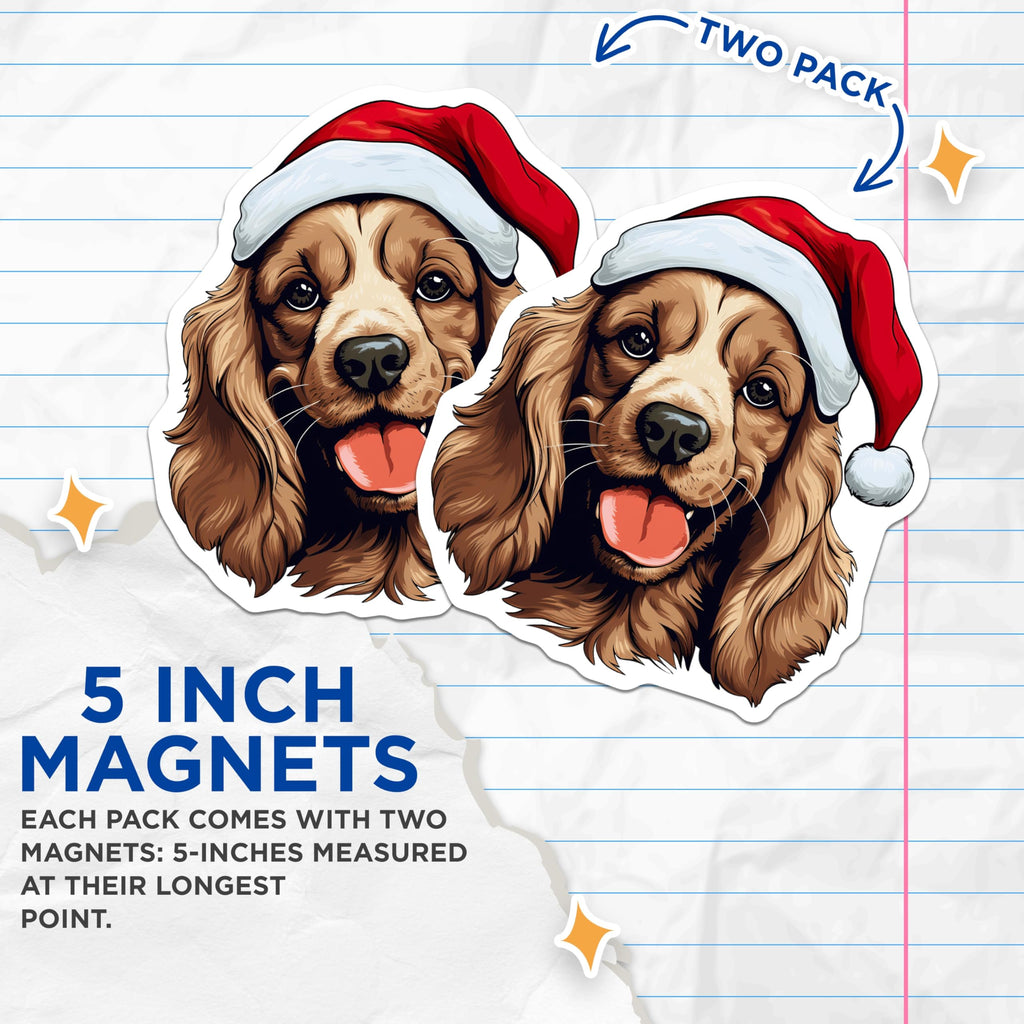 (2 Pack) Cocker Spaniel Christmas Magnets - Santa Hat Dog Decor - Festive Puppy Fridge Art - 5 Inches On Longest Side - Thick Durable Magnet - Made in USA - MAG29297