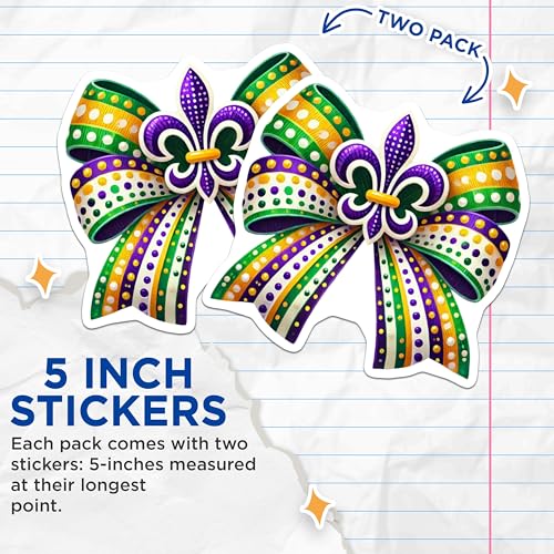 (2 Pack) Mardi Gras Fleur De Lis Bow Stickers - Festive Mardi Gras Decor - 5" On Longest Side - Sticks to Smooth Flat Surfaces - Made in USA - BMCS9055 - BMCS9055