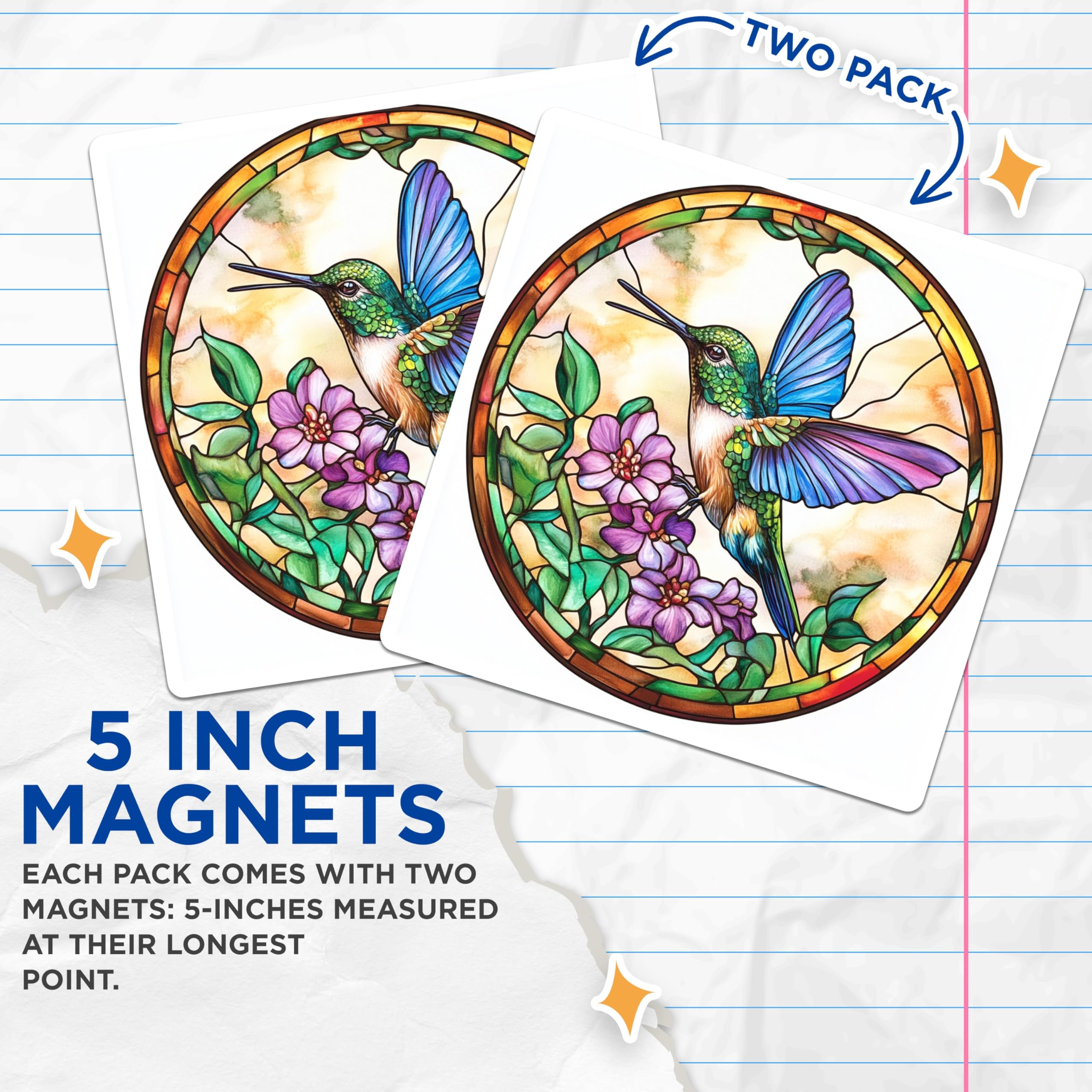 (2 Pack) Hummingbird Stained Glass Magnets - Floral Nature Bird Decor - Vibrant Kitchen Accent Art - 5 Inches On Longest Side - Thick Durable Magnet - Made in USA - MAG25201