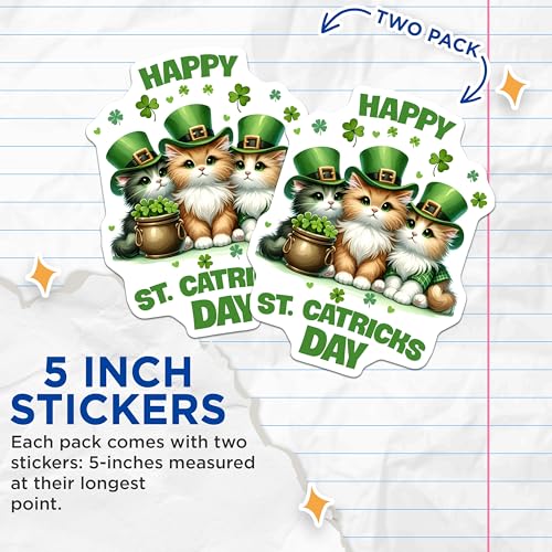 (2 Pack) Happy St Catricks Day Stickers - Cute Cat - St Patricks Day Celebration - 5" On Longest Side - Sticks to Smooth Flat Surfaces - Made in USA - BMCS8108