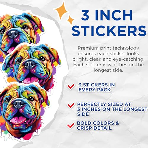 (3 Pack) Bulldog Decals - Colorful Dog Stickers - Laptop Decal - 3 Inches On Longest Side - Easy Peel & Apply - Made in USA - 3MCS0675