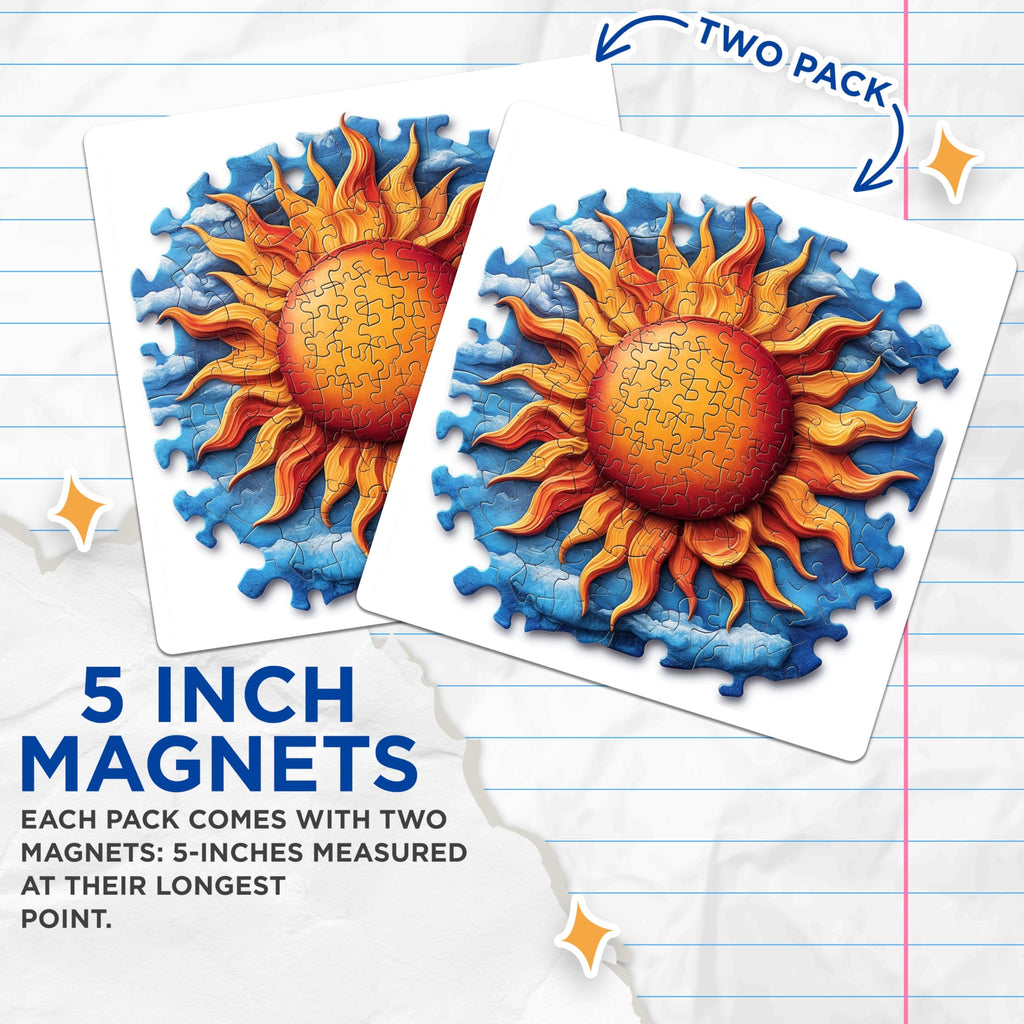 (2 Pack) Vibrant Puzzle Sun Magnets - Celestial Boho Fridge Decor - Artistic Kitchen Accent Display - 5 Inches On Longest Side - Thick Durable Magnet - Made in USA - MAG25108