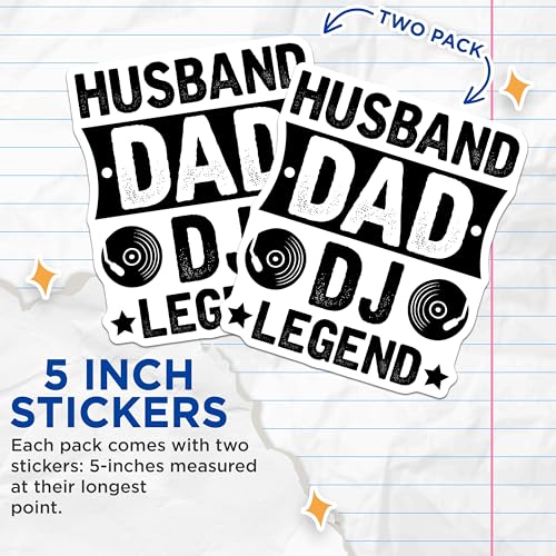 (2 Pack) Husband Dad DJ Legend Stickers - Father's Day Stickers - Music Lover Stickers - 5" On Longest Side - Sticks to Smooth Flat Surfaces - Made in USA - BMCS6156