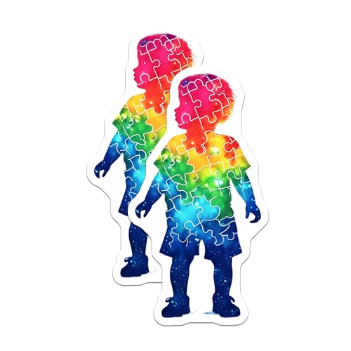 (2 Pack) Autism Awareness Stickers - Puzzle Piece - Child Silhouette - 5" On Longest Side - Sticks to Smooth Flat Surfaces - Made in USA - BMCS7902