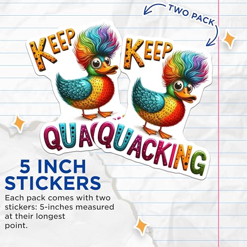 (2 Pack) Keep Quacking Stickers - Funny Duck Stickers - Colorful Duck Art Stickers - 5" On Longest Side - Sticks to Smooth Flat Surfaces - Made in USA - BMCS6354