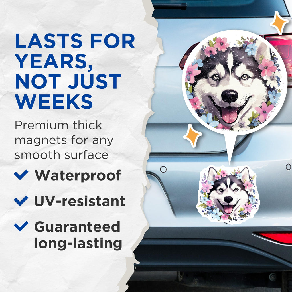 (2 Pack) Husky Dog Floral Magnets - Siberian Husky Decor - Pet Lover Refrigerator Magnets - 5 Inches On Longest Side - Thick Durable Magnet - Made in USA - MAG26401