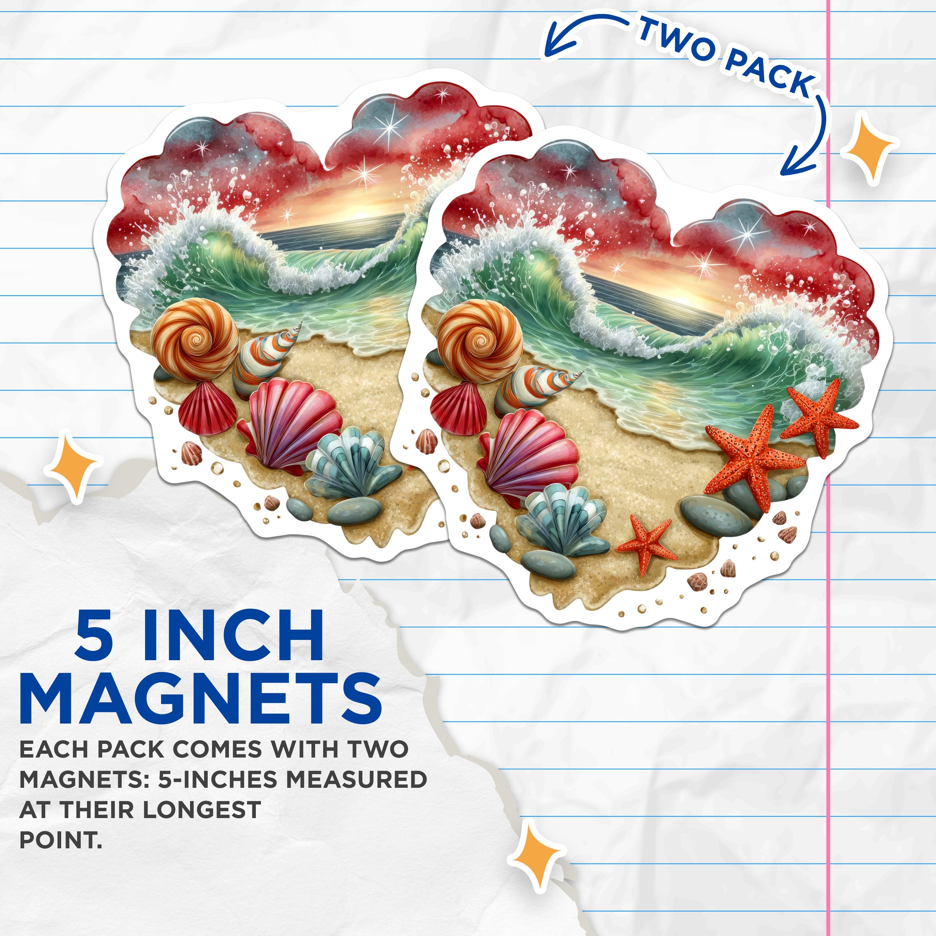 (2 Pack) Ocean Beach Magnets - Seashell Starfish Decor - Coastal Heart Aesthetic - Summer Refrigerator Accessories - 5 Inches On Longest Side - Thick Durable Magnet - Made in USA - MAG39247