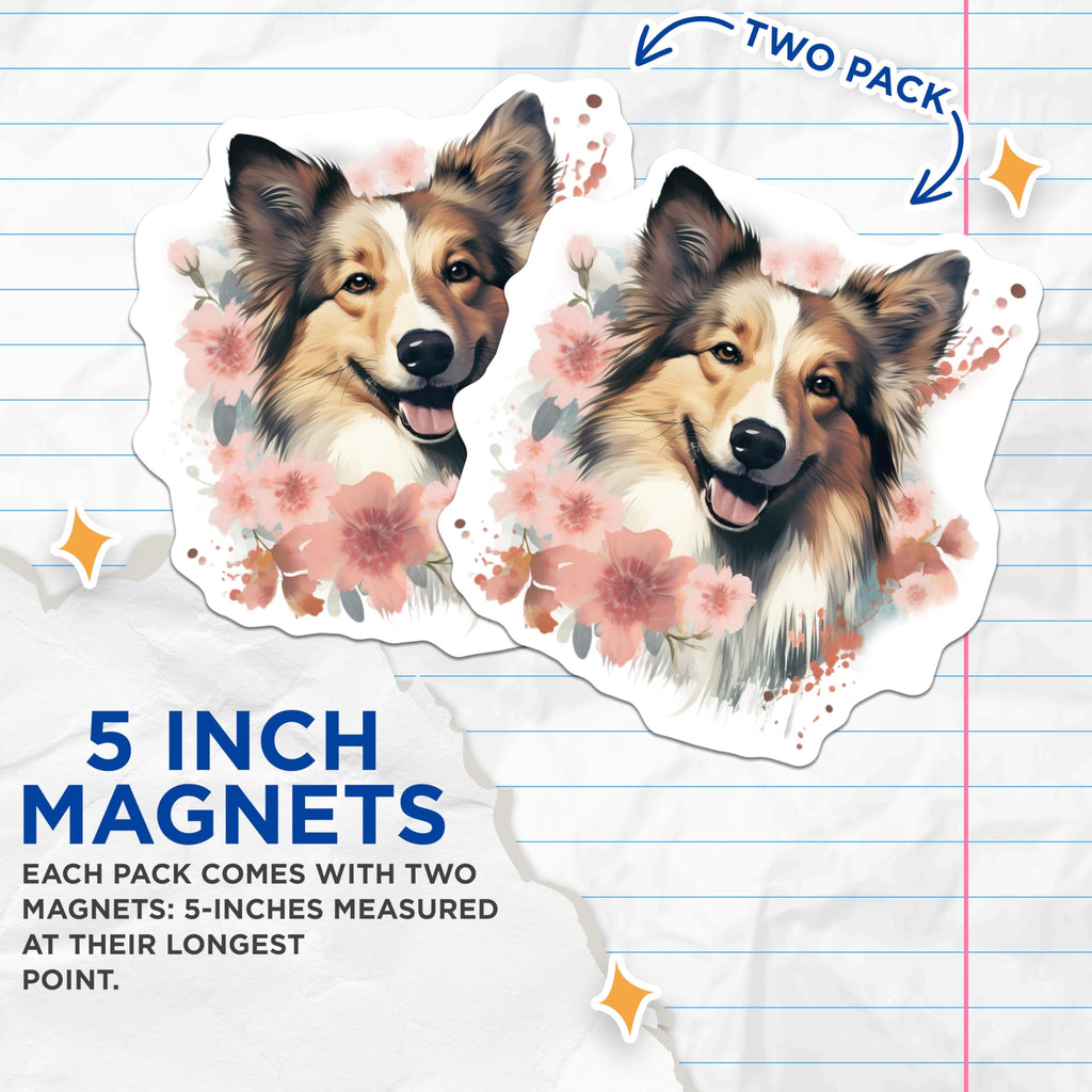 (2 Pack) Sheltie Magnets - Happy Floral Dog Art - Shetland Sheepdog Puppy Collectible - Pet Lover Home Decor Accent - 5 Inches On Longest Side - Thick Durable Magnet - Made in USA - MAG23617