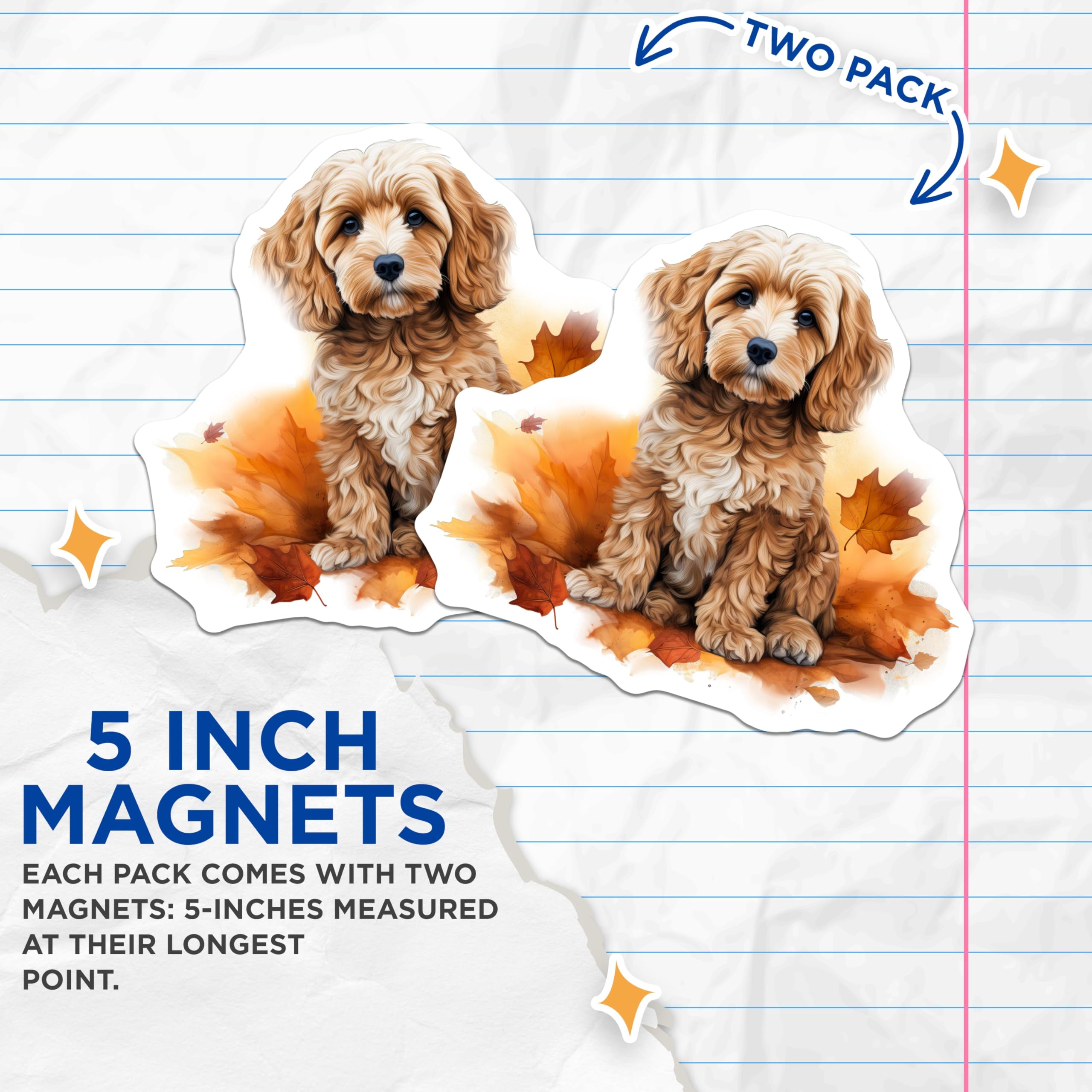 (2 Pack) Cockapoo Puppy Magnets - Adorable Autumn Dog Decor - Curly Haired Pet Art - Fall Leaves Canine Lover Accessories - 5 Inches On Longest Side - Thick Durable Magnet - Made in USA - MAG24290