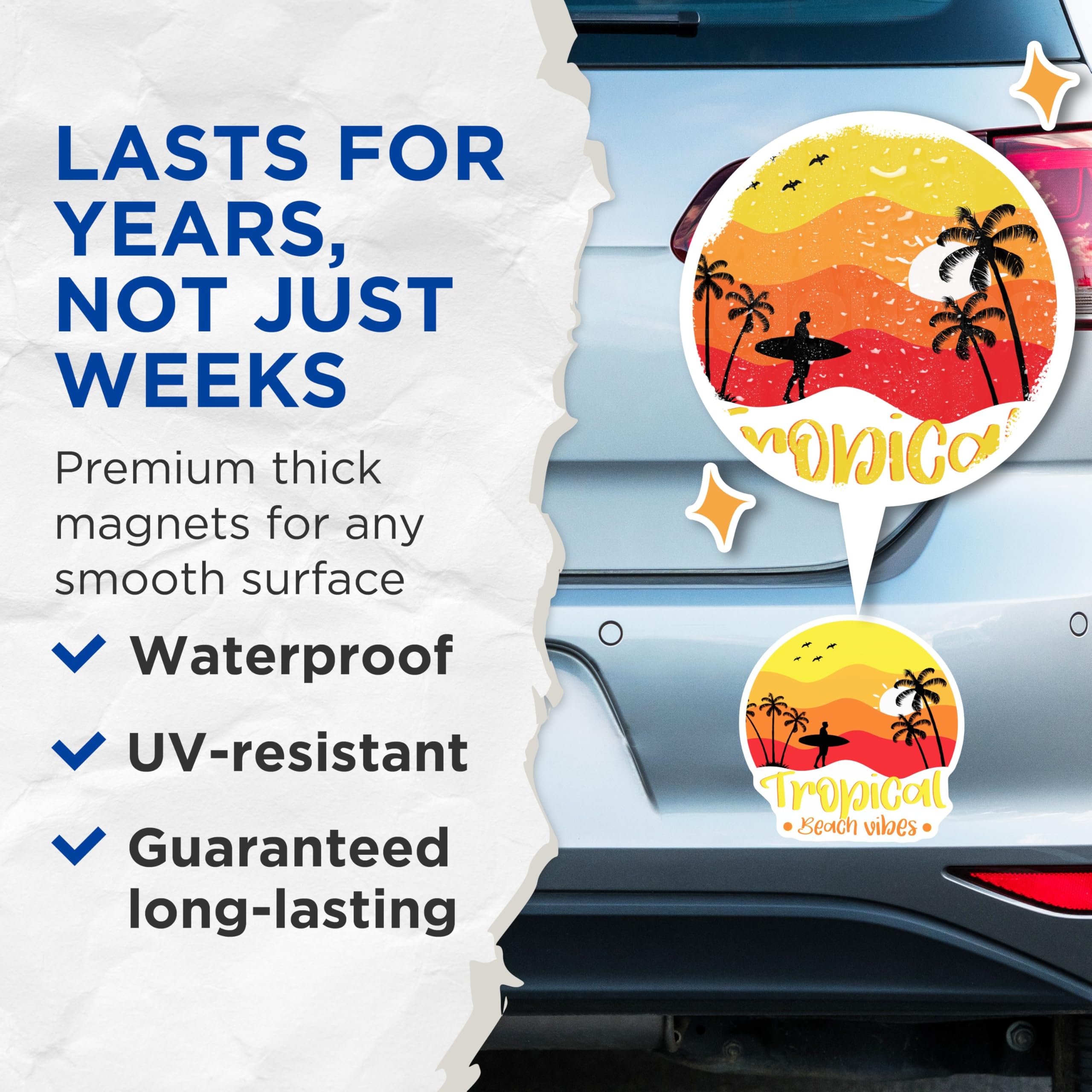 (2 Pack) Tropical Beach Magnets - Surfer Silhouette Sunset Scene - Palm Tree Ocean Vibes - Summer Vacation Decor - 5 Inches On Longest Side - Thick Durable Magnet - Made in USA - MAG21145