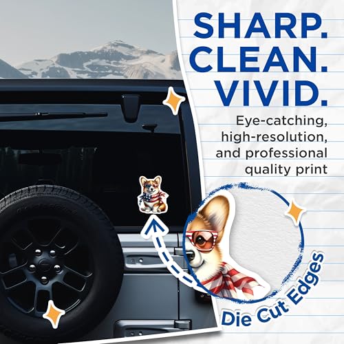 (2 Pack) Corgi Dog in Sunglasses Stickers - Cute Dog Stickers - Red White and Blue Bandana Sticker - 5" On Longest Side - Sticks to Smooth Flat Surfaces - Made in USA - BMCS6511
