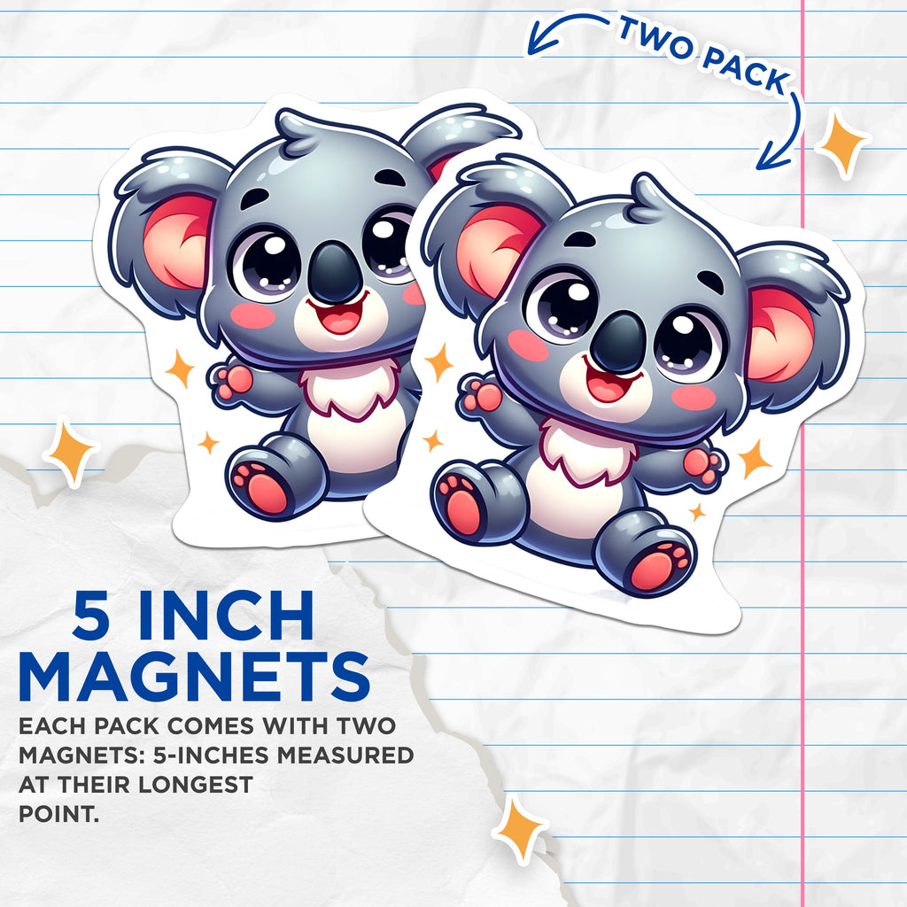 (2 Pack) Adorable Koala Bear Magnets - Kawaii Animal Decor - Cute Refrigerator Locker Accent - Nursery Fridge Magnet Set - 5 Inches On Longest Side - Thick Durable Magnet - Made in USA - MAG37087