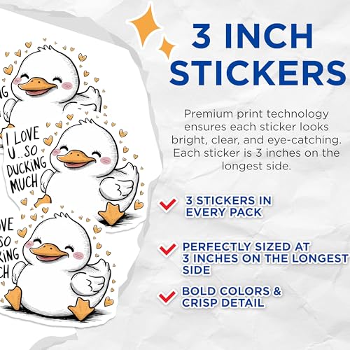 (3 Pack) Duck Decals - I Love You Decals - Ducking Much Sticker - 3 Inches On Longest Side - Easy Peel & Apply - Made in USA - 3MCS8289