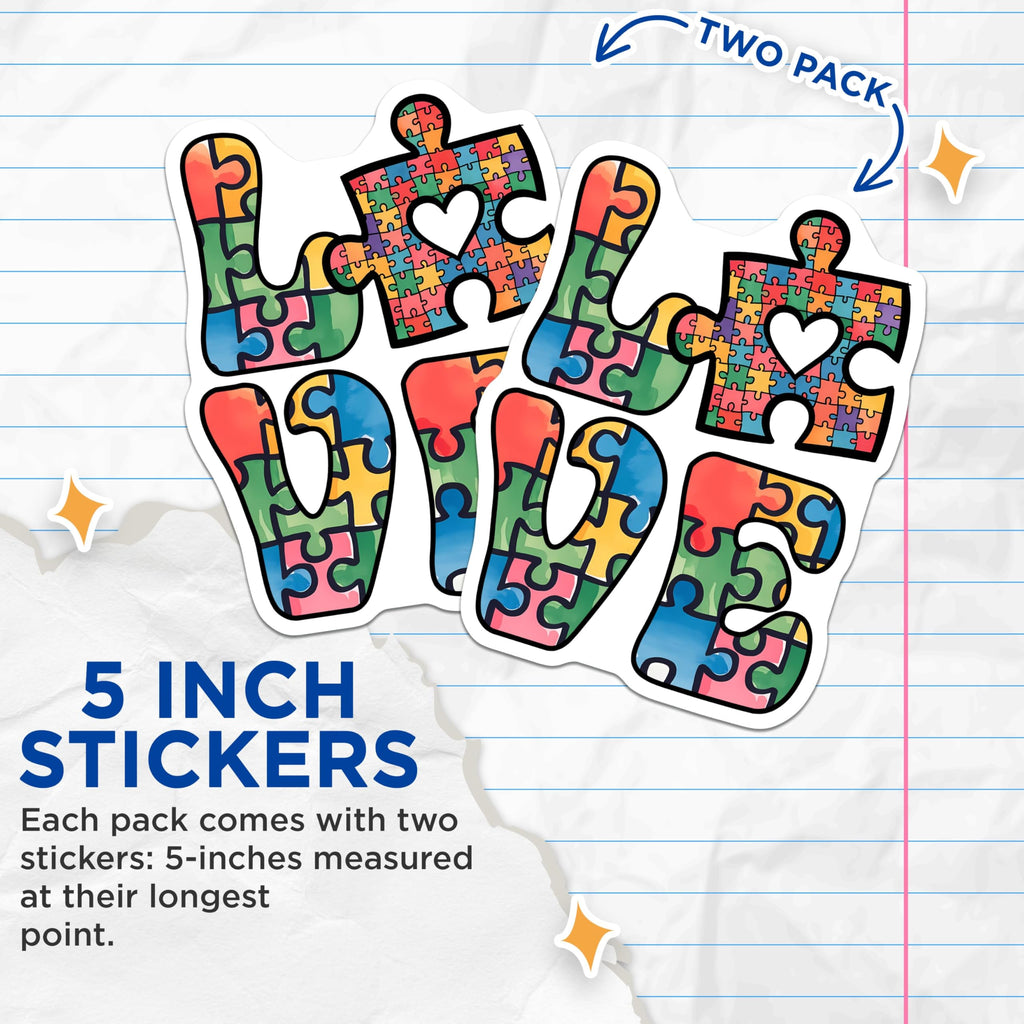 (2 Pack) Love Puzzle Stickers - Autism Awareness - 5" On Longest Side - Sticks to Smooth Flat Surfaces - Made in USA - BMCS8416 - BMCS8416