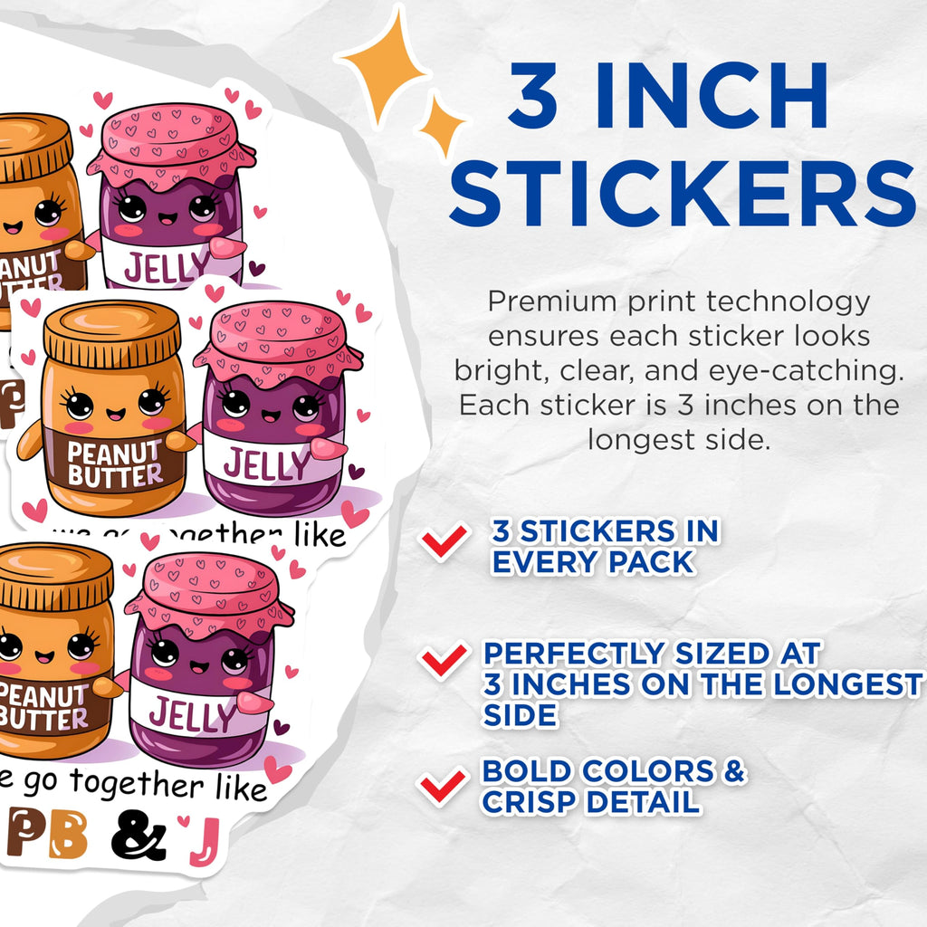 (3 Pack) PB and J Decals - Peanut Butter Jelly - Cute Foodie Love - 3 Inches On Longest Side - Easy Peel & Apply - Made in USA - 3MCS4326