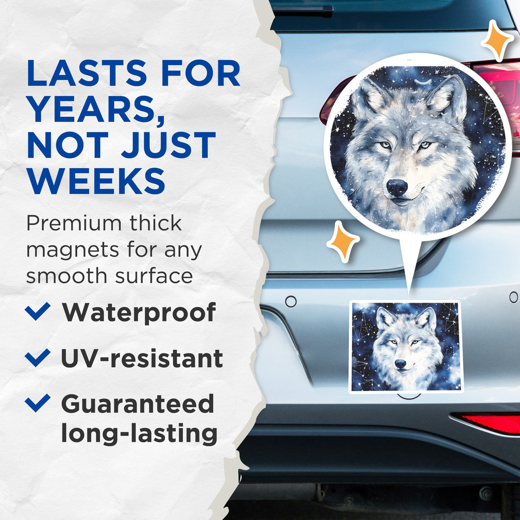 (2 Pack) Wolf Magnets - Celestial Decor - Spirit Animal Art - Nature Lover - Mystical Wildlife Scene - 5 Inches On Longest Side - Thick Durable Magnet - Made in USA - MAG37005