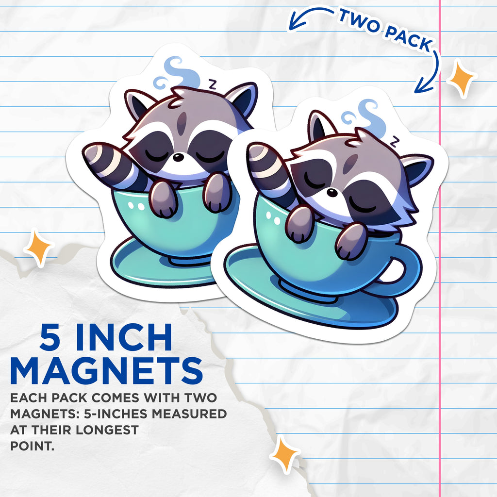(2 Pack) Cozy Raccoon Magnets - Sleeping Animal Tea Cup Decor - Kawaii Fridge Locker Refrigerator - 5 Inches On Longest Side - Thick Durable Magnet - Made in USA - MAG37407