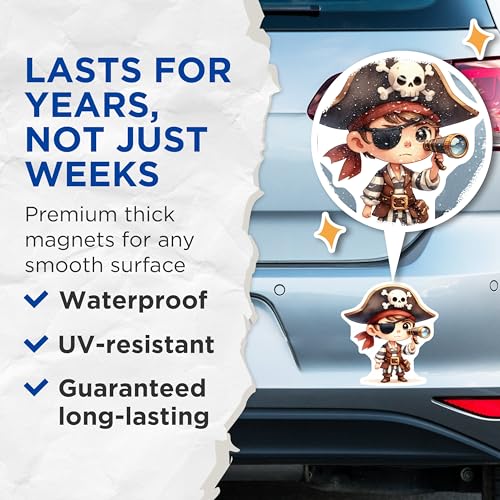 (2 Pack) Pirate Explorer Magnets - Cute Cartoon Pirate - Kids Room Decoration - Treasure Hunt Theme - 5" On Longest Side - for Cars, Fridges, Toolboxes - Made in USA - MAG7208