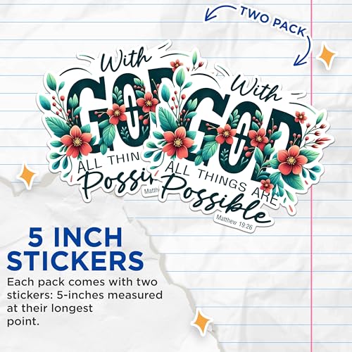 (2 Pack) with God All Things are Possible Stickers - Inspirational Christian - Bible Verse Matthew 19:26-5" On Longest Side - Sticks to Any Smooth Flat Surface - Made in USA - BMCS2831