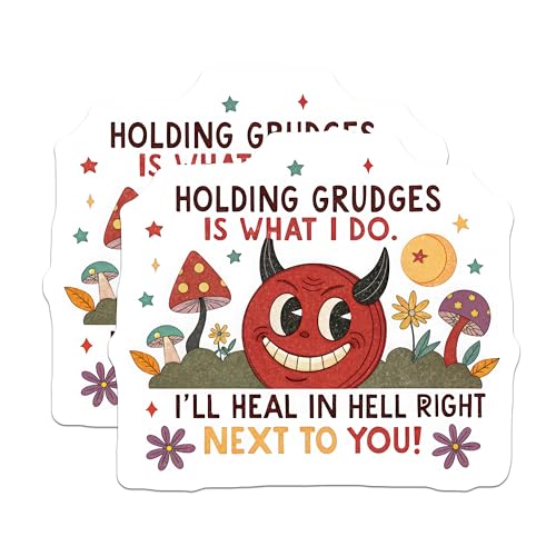 (2 Pack) Funny Devil Holding Grudges Stickers - Quirky Hell Healing Quote - Humorous Devilish Art Decal - 5" On Longest Side - Sticks to Smooth Flat Surfaces - Made in USA - BMCS5631