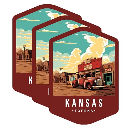 (3 Pack) Kansas Topeka Decals - Vintage Truck Art - Cityscape Travel Decals - 3 Inches On Longest Side - Easy Peel & Apply - Made in USA - 3MCS0357