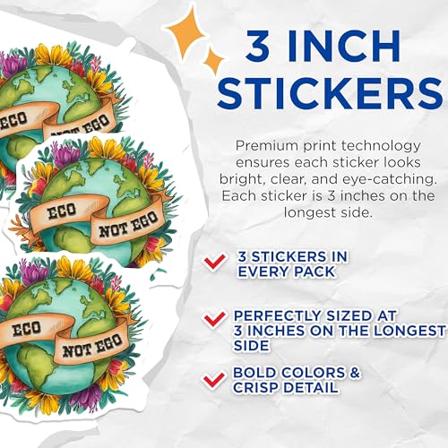 (3 Pack) Eco Not Ego Decals - Earth Illustration - Floral Laptop Decal - 3 Inches On Longest Side - Easy Peel & Apply - Made in USA - 3MCS6457
