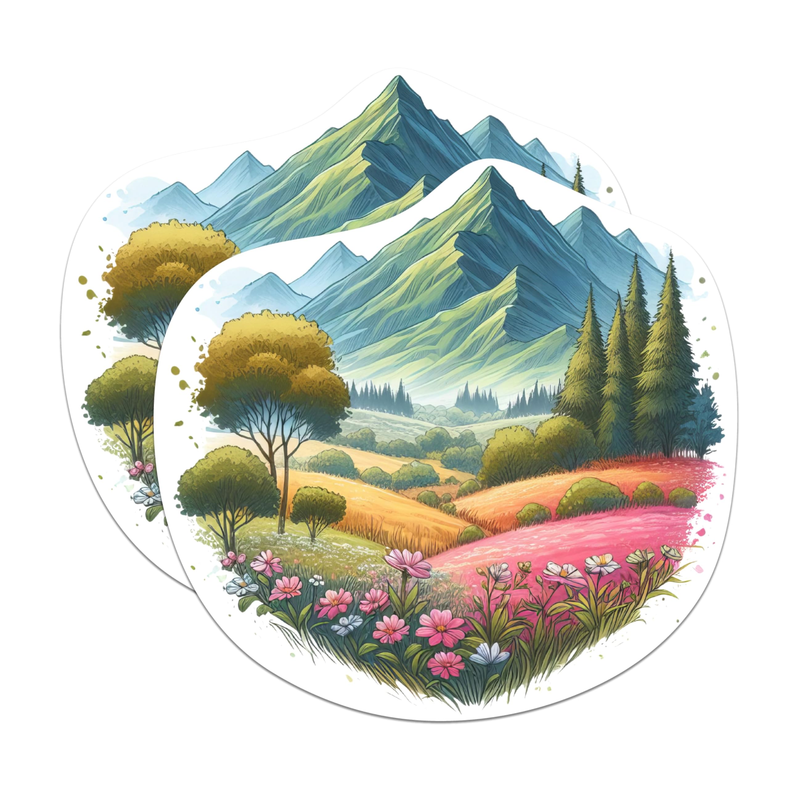 (2 Packs) Mountains Scenery Hillside Stickers - Nature Outdoorsman Hiking Hiker Decals - 5 Inches On Longest Side - Premium Vinyl Decal - Sticks to Any Smooth Flat Surface - Made in USA - BMCS2295