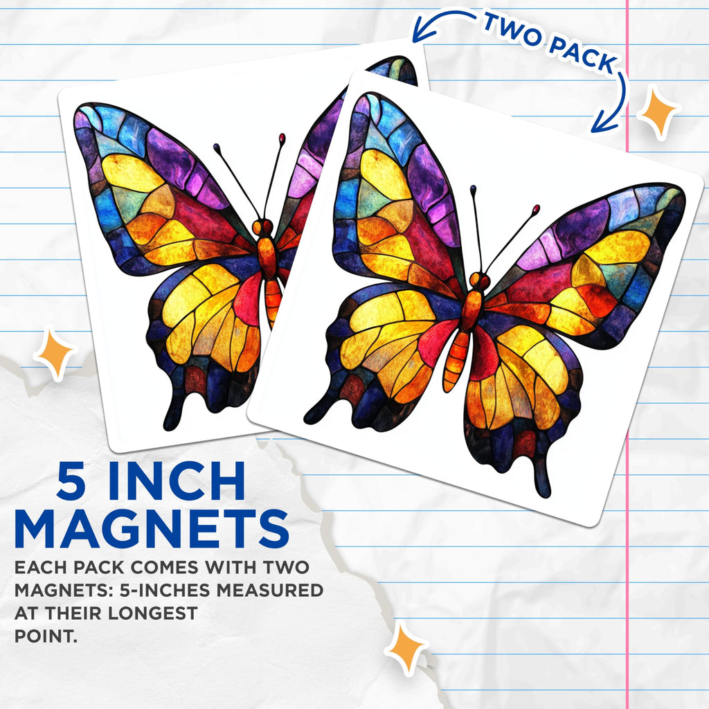 (2 Pack) Stained Glass Butterfly Magnets - Colorful Fridge Decor - Nature Lover Aesthetic - 5 Inches On Longest Side - Thick Durable Magnet - Made in USA - MAG25494