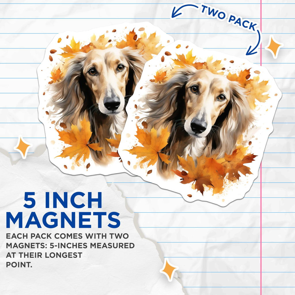 (2 Pack) Long Haired Dog Magnets - Autumn Leaves Decor - Watercolor Pet Art - 5 Inches On Longest Side - Thick Durable Magnet - Made in USA - MAG25114