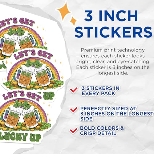 (3 Pack) St Patricks Day Decals - Lucky Up - Beer Clover Rainbow Stickers - 3 Inches On Longest Side - Easy Peel & Apply - Made in USA - 3MCS7175