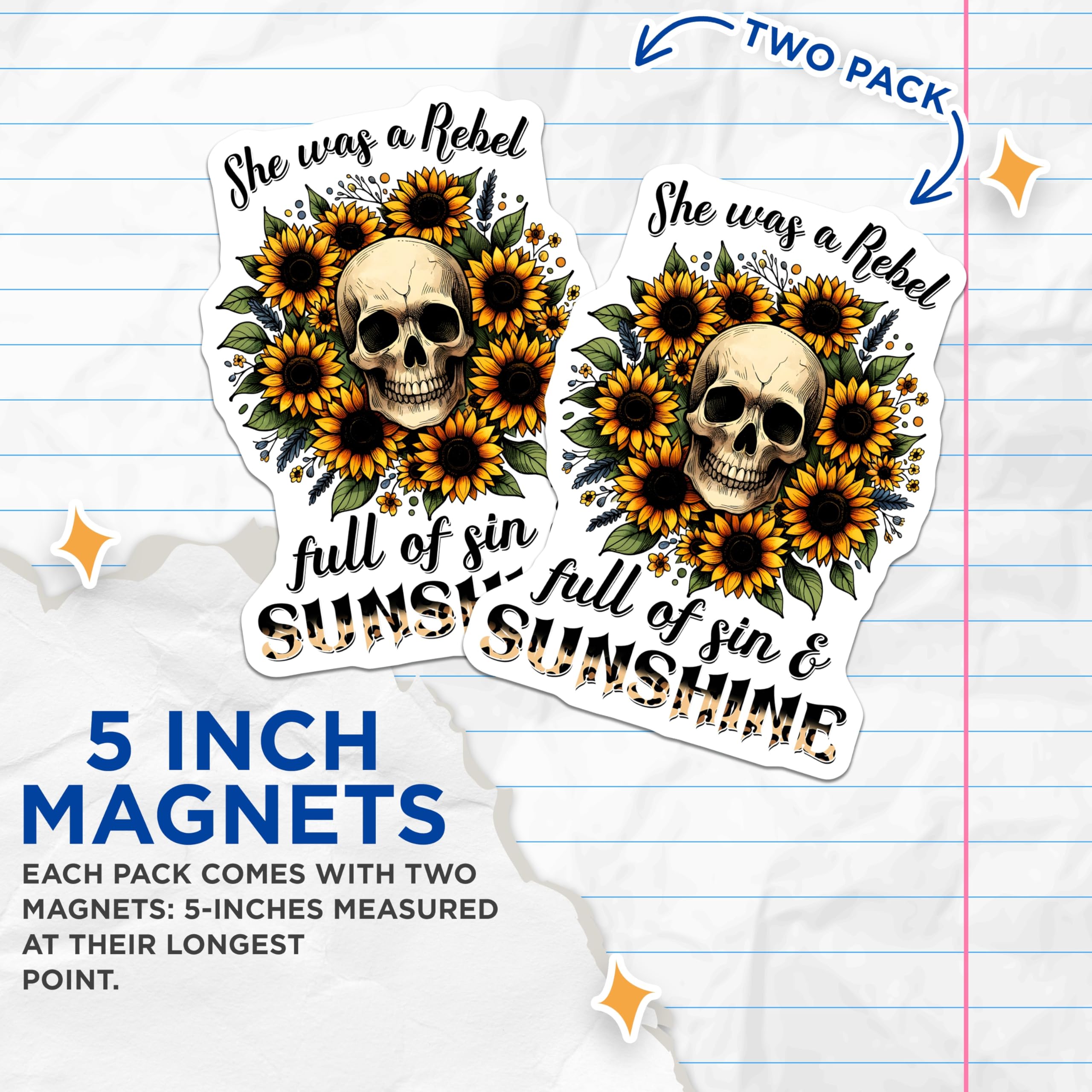(2 Pack) Sunflower Skull Magnets - Rebel Sin Sunshine - Decorative Fridge Magnets - 5" On Longest Side - Premium Magnet - for Cars, Refrigerators, Toolboxes, Lockers - Made in USA - MAG15365