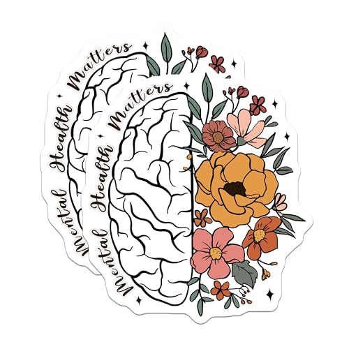 (2 Pack) Mental Health Matters Stickers - Brain and Flowers Design - Inspirational Sticker Pack - 5" On Longest Side - Sticks to Smooth Flat Surfaces - Made in USA - BMCS6948