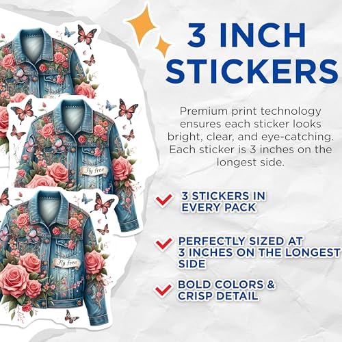(3 Pack) Floral Denim Jacket Decals - Butterfly Rose - Laptop Sticker - 3 Inches On Longest Side - Easy Peel & Apply - Made in USA - 3MCS7602