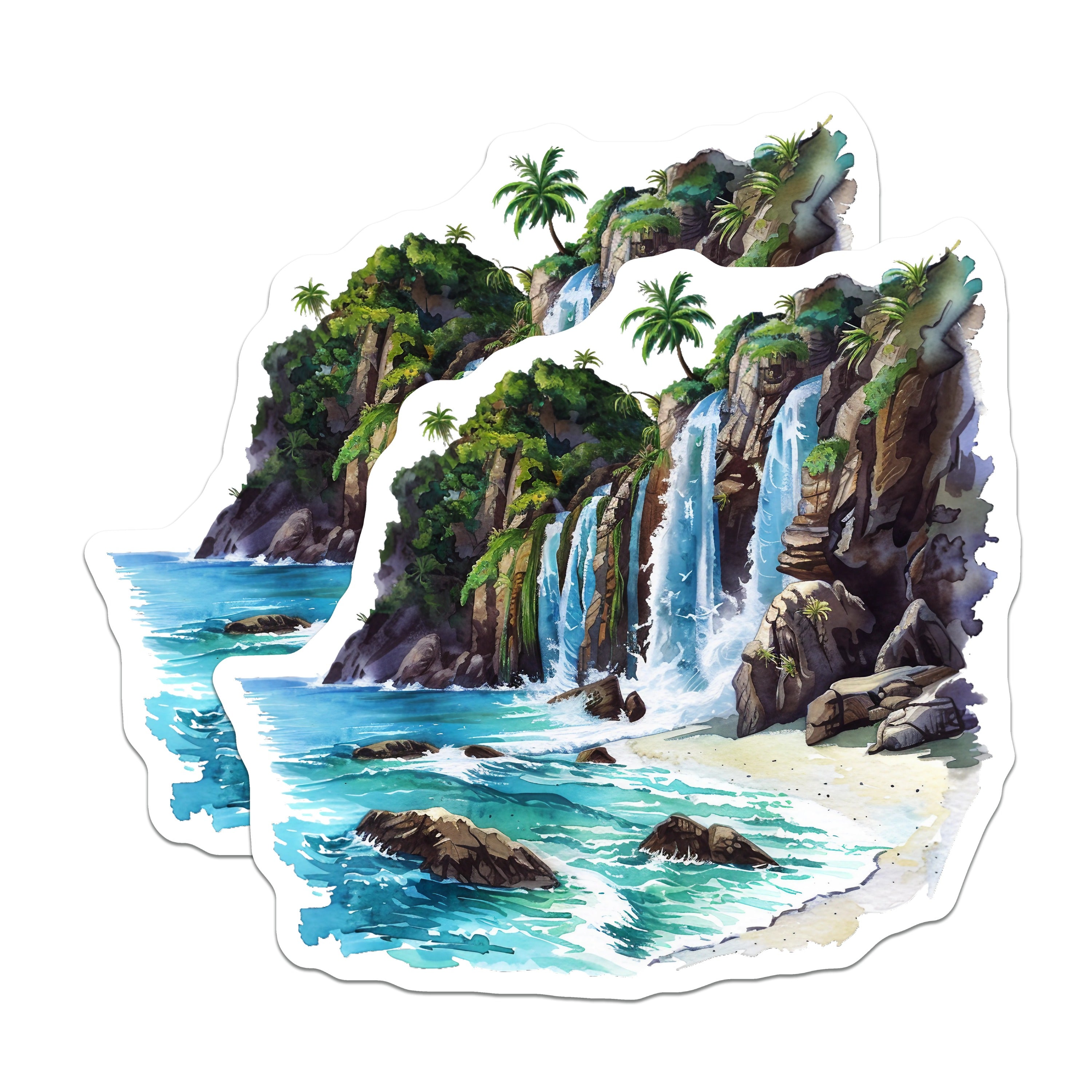 (2 Pack) Tropical Waterfall Beach Magnets - Island Paradise Scene - Coastal Ocean View - Watercolor Nature Art - Vacation Vibes Decor - 5" - Thick Durable Magnet - Made in USA - MAG39673