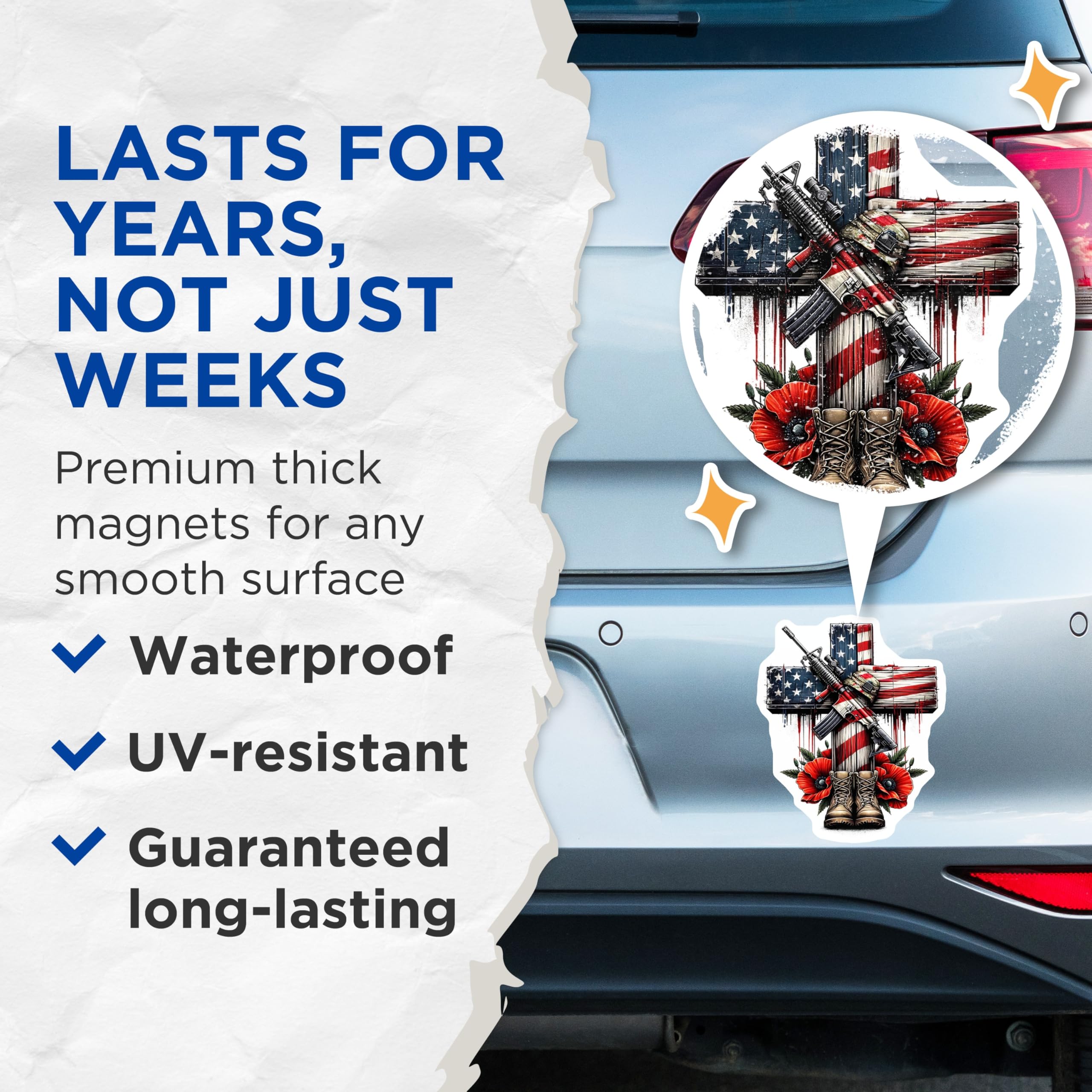 (2 Pack) American Flag Cross Magnets - Rifle Poppy Boots - Patriotic Decor Magnets - 5" On Longest Side - Premium Magnet - for Cars, Refrigerators, Toolboxes, Lockers - Made in USA - MAG15255