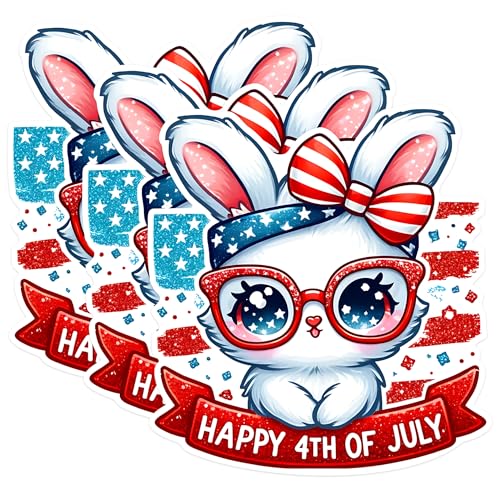 (3 Pack) 4th of July Bunny Decals - Patriotic Rabbit Stickers - Independence Day Decoration - 3 Inches On Longest Side - Easy Peel & Apply - Made in USA - 3MCS1531