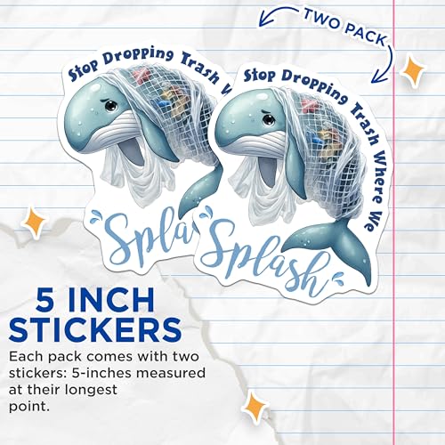 (2 Pack) Whale Ocean Conservation Stickers - Save The Ocean - Marine Life Awareness - 5" On Longest Side - Sticks to Smooth Flat Surfaces - Made in USA - BMCS7949