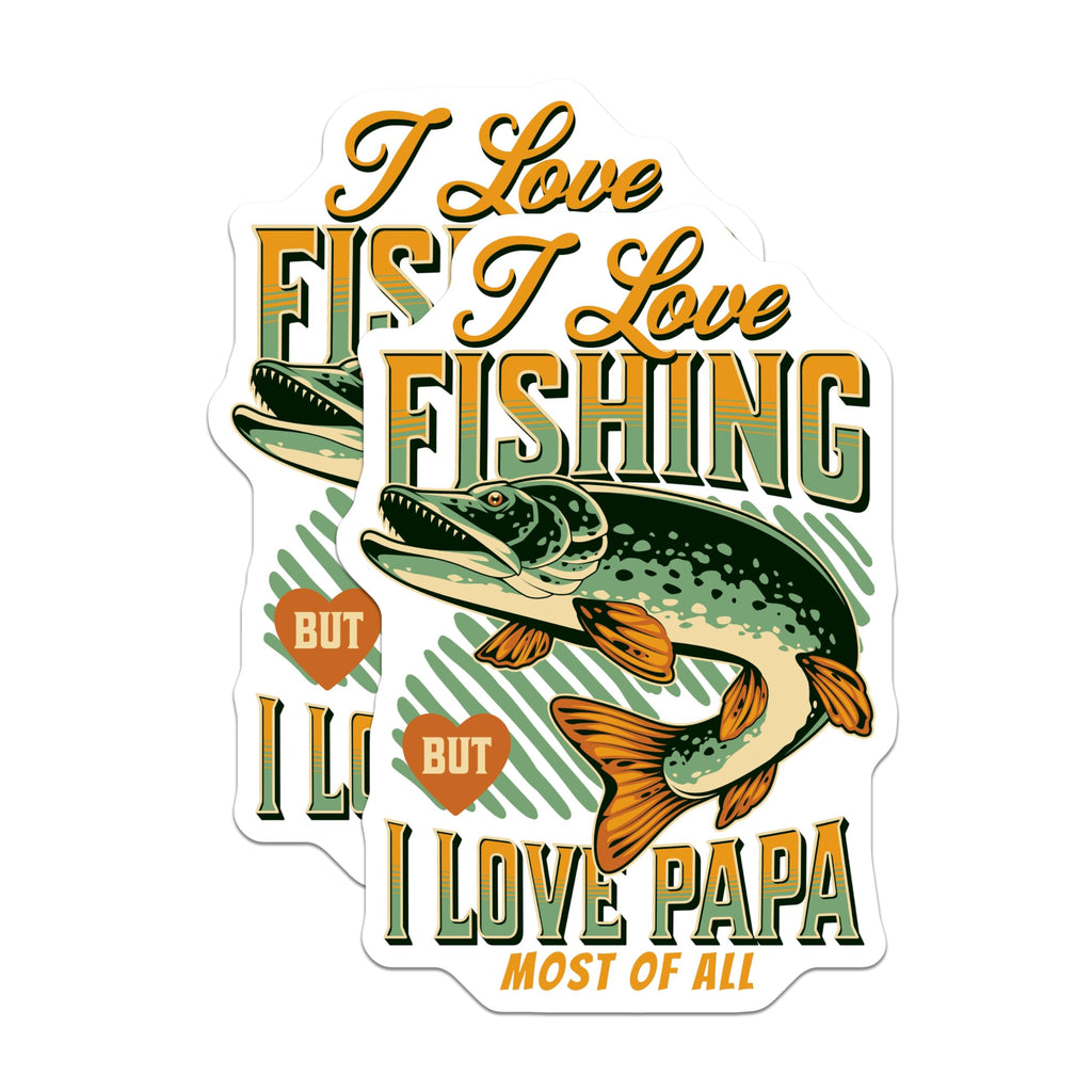 (2 Pack) I Love Fishing Stickers - But I Love Papa Most of All Stickers - Fishing Lover Dad Stickers - 5" On Longest Side - Sticks to Any Smooth Flat Surface - Made in USA - BMCS3497