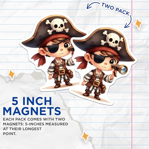 (2 Pack) Pirate Explorer Magnets - Cute Cartoon Pirate - Kids Room Decoration - Treasure Hunt Theme - 5" On Longest Side - for Cars, Fridges, Toolboxes - Made in USA - MAG7208