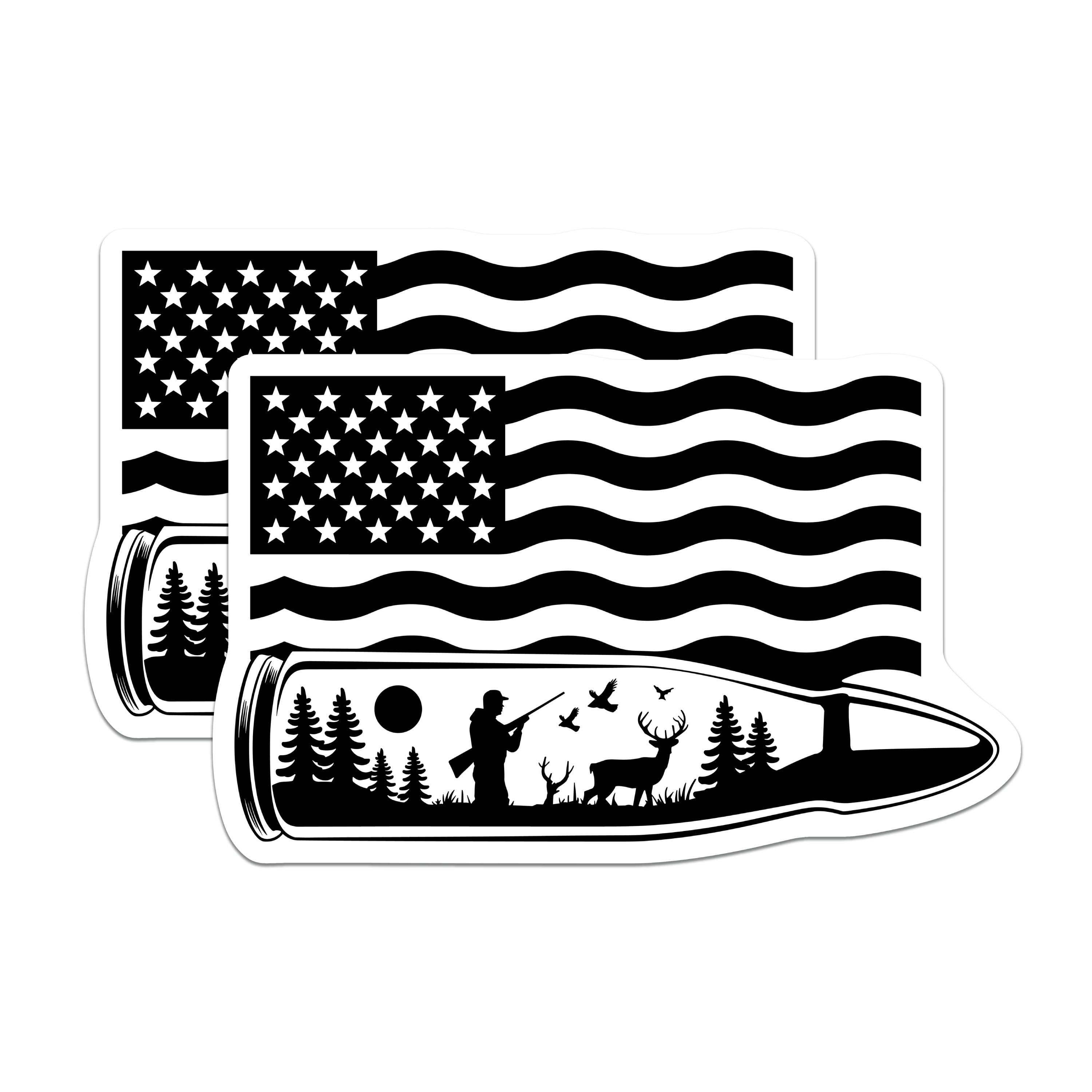 (2 Pack) Hunter American Flag Magnets - Patriotic Outdoorsman Bullet Hunting Scene - Deer Woods Wildlife Nature - 5 Inches On Longest Side - Thick Durable Magnet - Made in USA - MAG39333