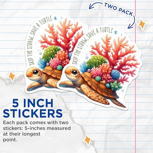 (2 Pack) Skip The Straw Save a Turtle Stickers - Sea Turtle Marine Life - Ocean Conservation - 5" On Longest Side - Sticks to Smooth Flat Surfaces - Made in USA - BMCS7964