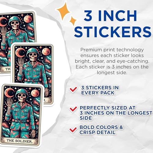 (3 Pack) Soldier Skeleton Decals - Tarot Card Art - Laptop Decal - Military Theme - 3 Inches On Longest Side - Easy Peel & Apply - Made in USA - 3MCS4268