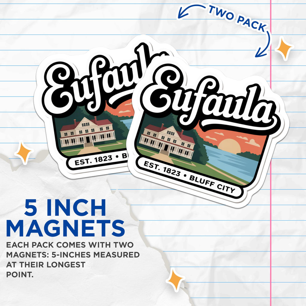(2 Pack) Eufaula Magnets - Bluff City - Eufaula Alabama Home Decor - 5" On Longest Side - Premium Magnet - for Cars, Refrigerators, Toolboxes, Lockers - Made in USA - MAG17442