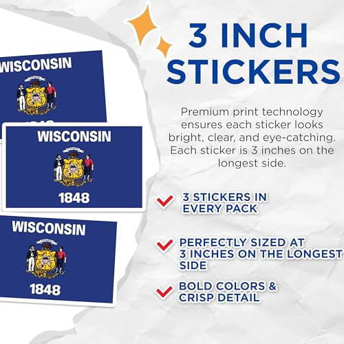 (3 Pack) Wisconsin State Flag Decals - Wisconsin Pride - Laptop Decals - 3 Inches On Longest Side - Easy Peel & Apply - Made in USA - 3MCS0222