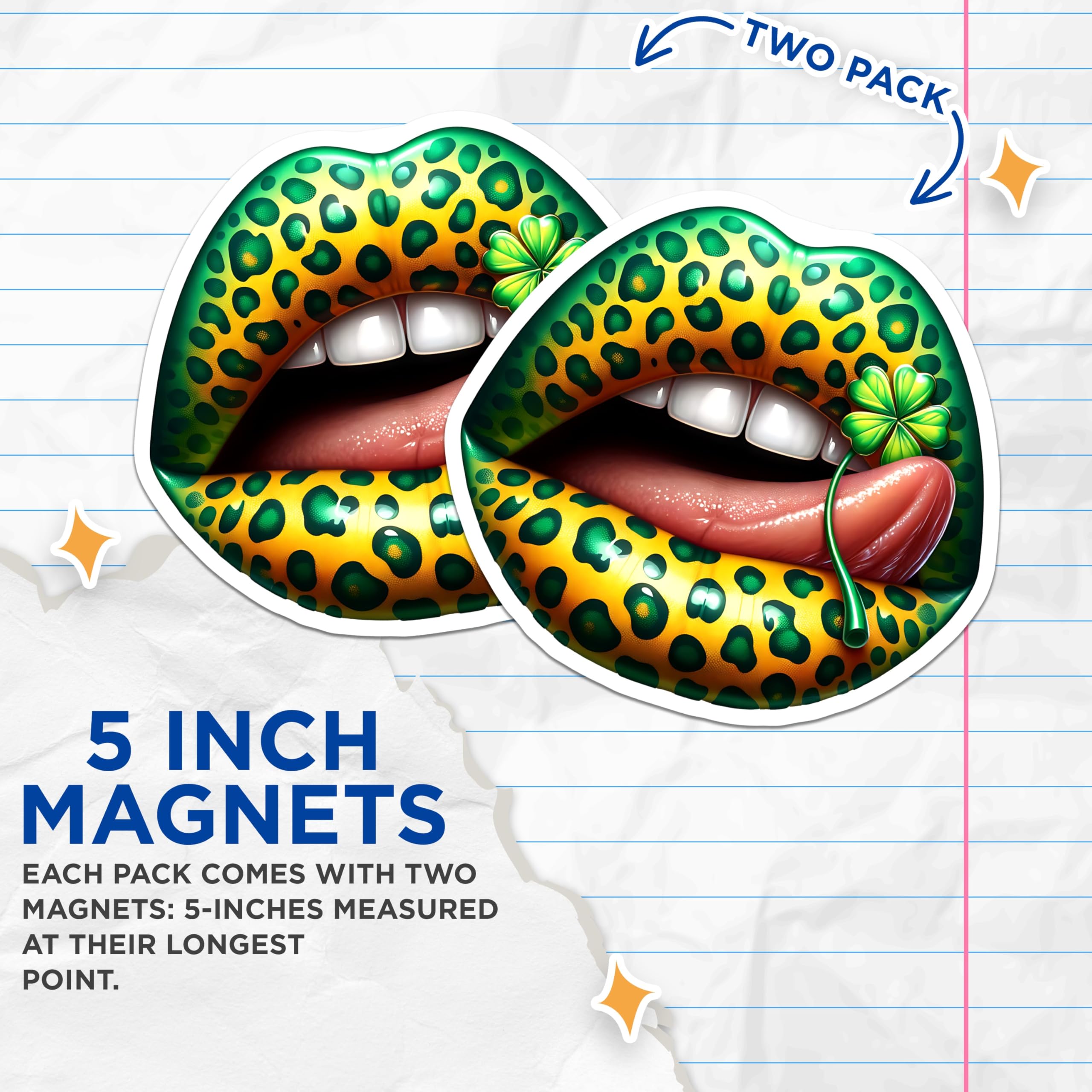(2 Pack) St Patricks Day Lips Magnets - Leopard Print Mouth - Four Leaf Clover Decor - 5" On Longest Side - Premium Magnet - for Cars, Refrigerators, Toolboxes, Lockers - Made in USA - MAG16707