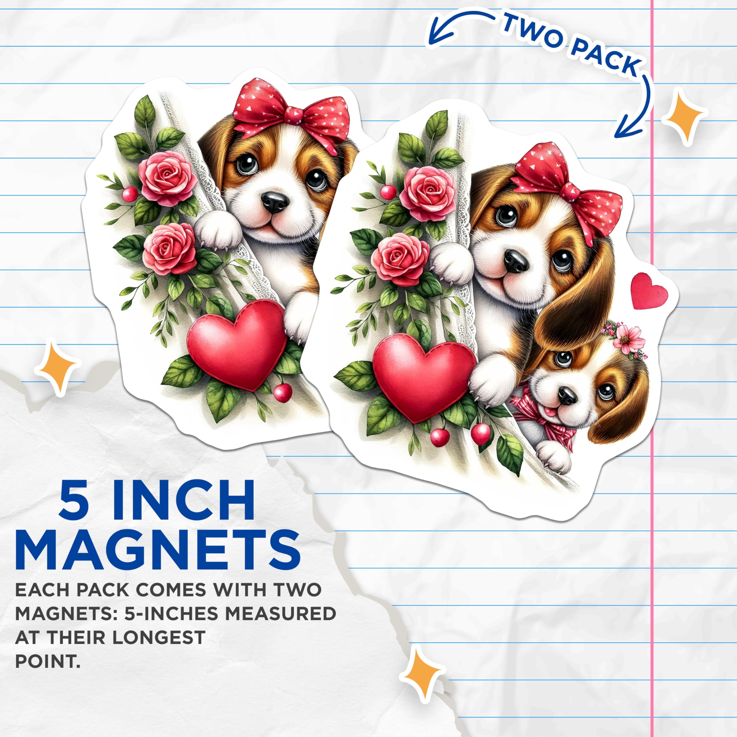 (2 Pack) Beagle Puppy Magnets - Cute Dog Illustration - Floral and Hearts Magnets - 5" On Longest Side - Premium Magnet - for Cars, Refrigerators, Toolboxes, Lockers - Made in USA - MAG14152